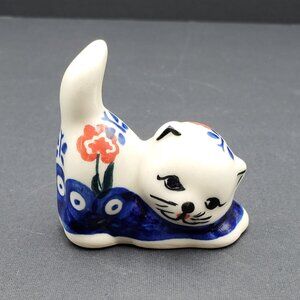 Polish Pottery Blue Eye Spring Cat Figurine Small Blue Red Floral Cat Statue